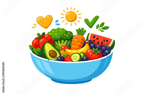A colorful cartoon illustration of a blue bowl overflowing with fresh fruits and vegetables, featuring a sun, heart, and checkmark icon floating above against a black background.