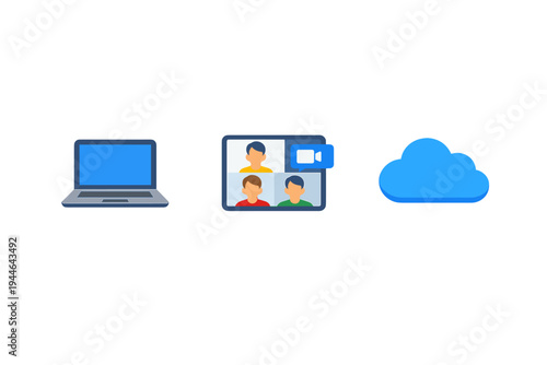 An illustration featuring a laptop, a video call interface with three people and a camera icon, and a blue cloud symbol, all arranged horizontally on a black background.