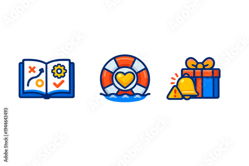 Three colorful icons on a black background featuring an open book with a strategy map, gear, and checkmark, a lifebuoy with a heart on water, and a gift box with a bell and warning sign.