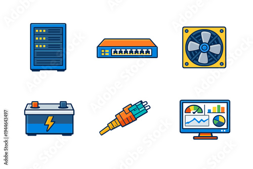 A collection of six colorful flat icons representing data center technology, including a server rack, network switch, cooling fan, battery, ethernet cable, and monitoring dashboard.
