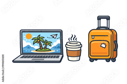 A flat illustration featuring a laptop displaying a tropical island scene, a steaming cup of coffee, and an orange suitcase, representing travel planning and remote work.