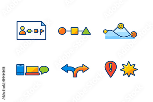 Set of six colorful flat icons representing user experience design, customer journey mapping, data analysis, and communication tools, isolated on a solid black background.