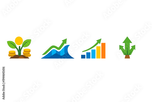 A set of four business icons illustrating financial growth and success on a black background, featuring a money plant, a line graph, a bar chart, and upward arrows.