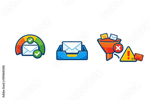 A set of three flat icons illustrating email deliverability with a gauge, an inbox tray for organization, and a funnel for spam filtering and security alerts.