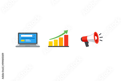 A set of three colorful icons on a black background featuring a laptop with a search interface, a bar graph showing growth with a green arrow, and a red megaphone for promotion.