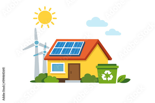 A flat vector illustration of an eco-friendly yellow house featuring solar panels on its red roof, wind turbines, a bright sun, and a green recycling bin on a black background.