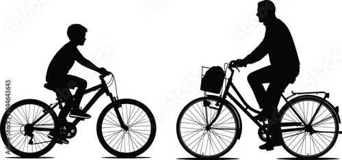 Adult child riding bicycles, family cycling silhouette, outdoor activity illustration, transportation design artwork, black white graphic, generational lifestyle  