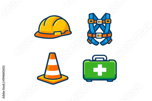 A collection of four safety and construction icons including a yellow hard hat, a blue safety harness, an orange traffic cone, and a green first aid kit on a black background.