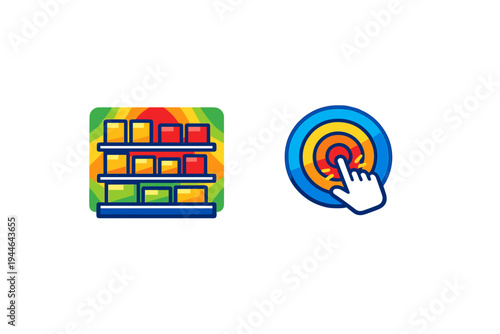 Colorful icons on a black background depicting retail shelf heatmaps and a hand clicking a target. These graphics represent consumer behavior analysis and targeted marketing.