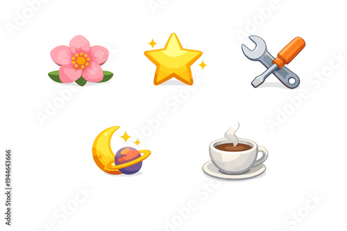 A collection of five stylized three dimensional icons featuring a pink flower, a yellow star, crossed tools, a crescent moon with a planet, and a steaming cup of coffee on a black background.