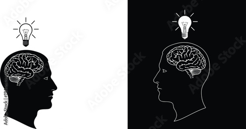 Silhouette of a man's head with a lightbulb isolated on transparent background