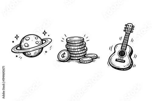 A collection of three hand-drawn black and white illustrations featuring a ringed planet with stars, a stack of coins with a cent symbol, and an acoustic guitar on a black background.
