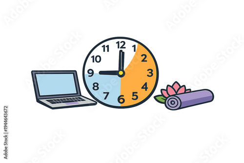 This vector illustration shows a laptop, a clock with colored sections, and a yoga mat with a lotus flower, symbolizing time management between work and wellness.