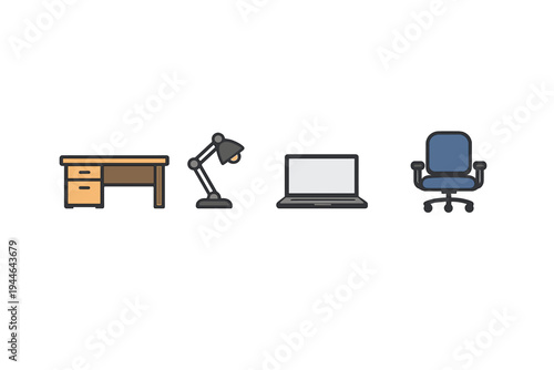 A collection of four flat icons representing office furniture and equipment, including a wooden desk with drawers, a gray desk lamp, a laptop computer, and a blue swivel office chair.