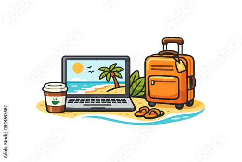 A flat vector illustration featuring a laptop showing a beach scene, an orange suitcase, a coffee cup, and flip-flops resting on a small sandy island against a black background.