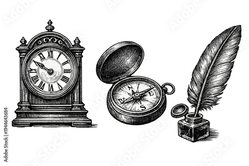 A black and white vintage illustration featuring an ornate mantel clock, an open pocket compass, and a quill pen resting in an inkwell, all set against a solid black background.