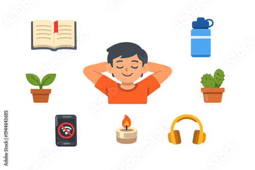 This flat vector illustration shows a young man relaxing with his eyes closed, surrounded by symbols of mindfulness including a book, plants, a candle, headphones, and a water bottle.