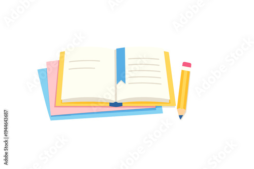 A flat illustration of an open book with a blue bookmark resting on pink and blue sheets of paper. A yellow pencil with a pink eraser sits beside the book on a black background.
