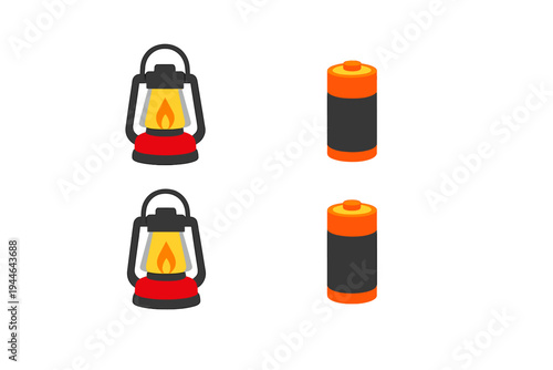 An illustration featuring two red lanterns with glowing flames on the left side and two orange and black batteries on the right side, all set against a solid black background.