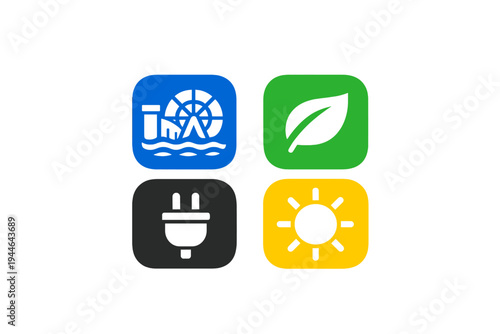Four colorful square icons representing renewable energy sources and electricity are arranged in a grid on a black background, featuring symbols for water, leaves, plugs, and the sun.