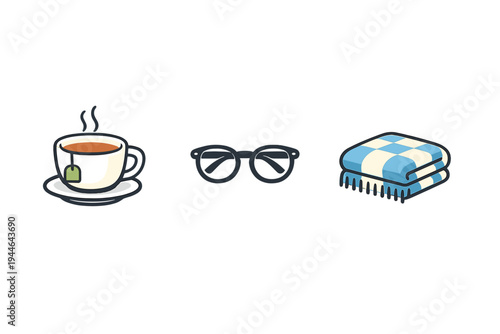 A flat illustration featuring a steaming cup of tea with a tea bag, a pair of black-rimmed eyeglasses, and a folded blue checkered blanket, all set against a solid black background.