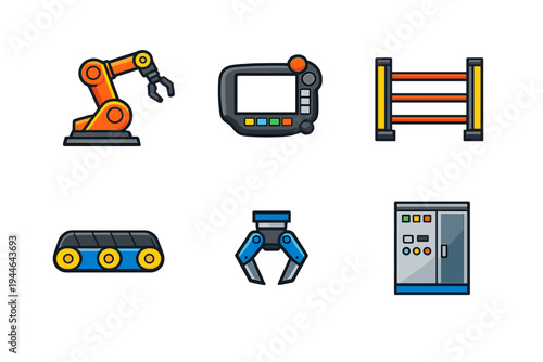 A set of six industrial automation icons featuring a robotic arm, control panel, safety light curtain, conveyor belt, robotic gripper, and electrical cabinet on a black background.