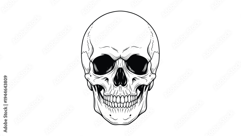 Fototapeta premium Human skull is presented in a detailed black and white line-art illustration suitable for scientific or gothic themed design work.