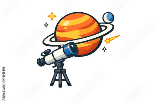 A vector illustration of a telescope on a tripod pointing towards a large orange ringed planet, a small blue moon, and a shooting star against a solid black background.