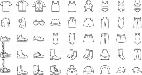 Large collection of fashion apparel and accessory line icons featuring shirts shoes boots hats bags and clothing flat vector technical sketches for retail design