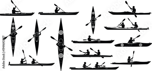 Large Set of Kayaking and Canoeing Silhouettes Featuring Athletes Rowing in Single and Double Kayaks From Side and Top View for Water Sports Design