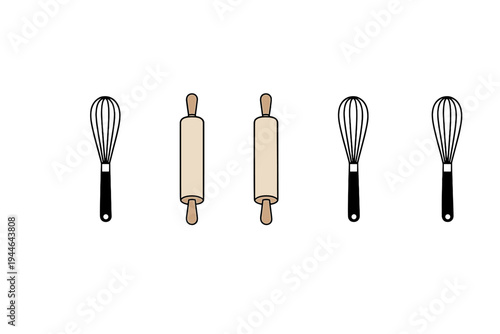 A horizontal row of five kitchen tools including three whisks and two rolling pins illustrated in a simple tan and black style against a solid black background.