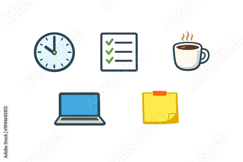 A collection of five productivity icons including a clock, a checklist, a steaming cup of coffee, a laptop computer, and a yellow sticky note, all set against a black background.