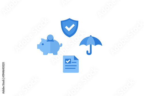Four blue icons including a piggy bank, shield, umbrella, and document are arranged in a circular pattern on a black background, symbolizing insurance and financial protection.