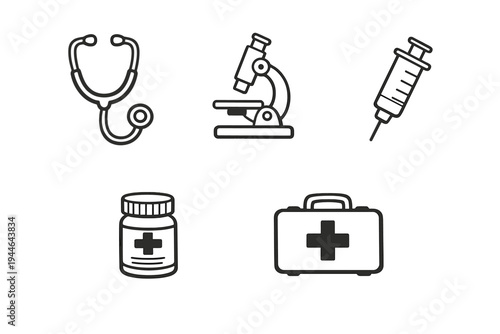 A collection of five white medical icons including a stethoscope, microscope, syringe, medicine bottle, and first aid kit, all set against a solid black background.