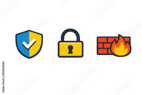 Three colorful digital security icons featuring a blue and yellow shield with a checkmark, a yellow padlock, and a red brick firewall with a flame on a solid black background.