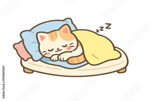 A cute cartoon cat with orange stripes sleeps peacefully on a small bed with a blue pillow and a yellow blanket. Small Z symbols float above the sleeping feline in this illustration.