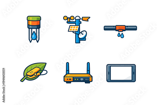 This collection features six colorful flat icons for smart farming, showcasing a weather station, soil moisture sensor, irrigation pipe, leaf sensor, router, and a tablet device.
