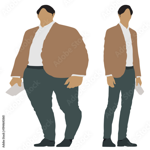 Conceptual fat overweight obese man vs slim fit healthy body after weight loss or diet, white background. A  fitness, nutrition or obesity, health care shape illustration vector as silhouettes