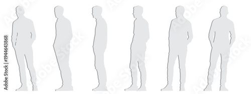 Vector concept or conceptual  gray paper cut silhouette of a young man from different perspectives isolated on white background. A metaphor for fashion, relaxation, confidence, leisure and lifestyle