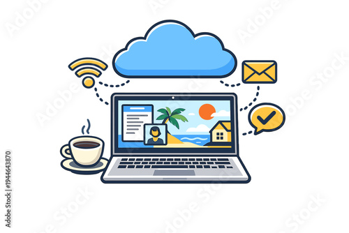 A flat illustration of a laptop displaying a beach scene and documents, surrounded by icons for cloud storage, wifi, email, and messaging, next to a cup of hot coffee.
