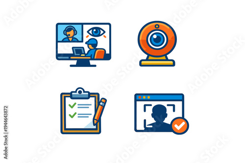 This set of four flat vector icons illustrates remote proctoring and online exam monitoring. It features a webcam, a checklist, facial recognition, and a monitored computer screen.