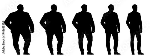 Conceptual fat overweight obese man vs slim fit healthy body after weight loss or diet, white background banner. A  fitness, nutrition or obesity, health care shape illustration vector as silhouettes