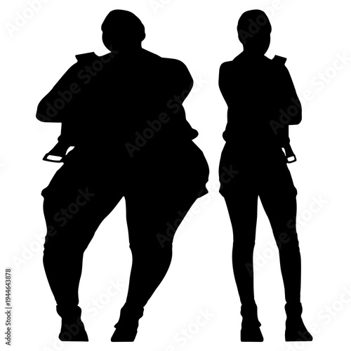 Conceptual fat overweight obese female vs slim fit healthy body after weight loss or diet on white background. A  fitness, nutrition or obesity, health shape illustration vector as silhouettes