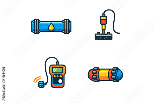 A set of four colorful industrial icons on a black background, featuring a pipe with a liquid drop, a sensor probe, a handheld digital meter, and a cylindrical storage tank.