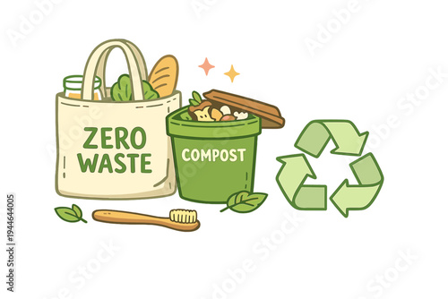 A flat cartoon illustration featuring a zero waste tote bag with groceries, a compost bin filled with food scraps, a recycling symbol, and a bamboo toothbrush set against a black background.