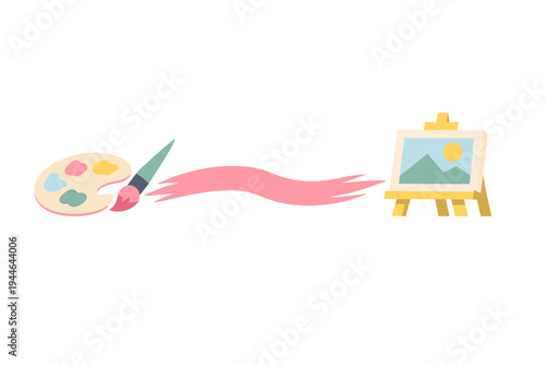 A flat vector illustration featuring an artist palette with colorful paints, a paintbrush leaving a pink stroke, and a wooden easel displaying a simple mountain landscape painting.