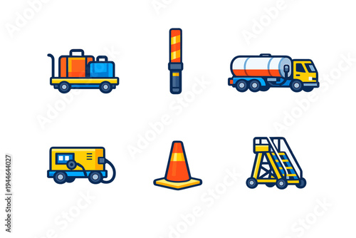 A collection of six flat vector icons representing airport ground support equipment, including a baggage cart, fuel truck, traffic cone, marshalling wand, power unit, and passenger stairs.