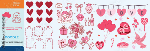 Set of hand drawn coquette elements for Valentines day, wedding invitation, birthday card. Cute girly bows, ribbons, cherry, cake, toy bear, cocktail, rose, strawberry. Vintage vector illustration