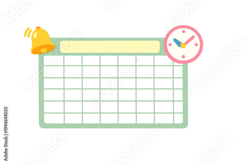 This illustration features a blank green grid for a weekly schedule or calendar, decorated with a yellow ringing bell and a pink analog clock on a transparent background.