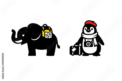 A minimalist illustration of a cute penguin tourist wearing a red beret and scarf, carrying a camera and suitcase next to a yellow backpack with a map on a black background.